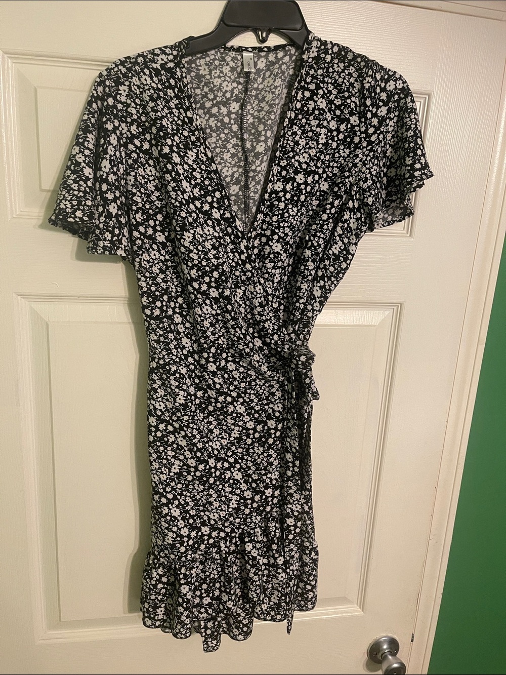 Black Floral Wrap Midi Dress with Ruffle Hem